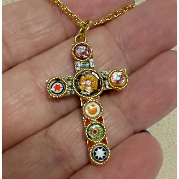 Jewelry - Vintage Micro Mosaic Floral Star Cross Pendant w/ Gold Tone 24" Chain Italy